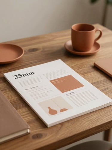 Elegant minimalist workspace with warm side-light, structured brand guidelines on a wooden table, terracotta accents, editorial depth of field, 35mm