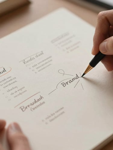 Close-up of hands sketching brand guidelines on textured paper, warm diffused light, elegant editorial composition, shallow depth of field