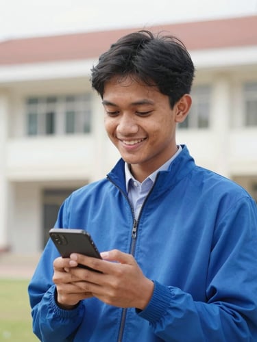 A smiling Indonesian student in a blue jacket holding a smartphone, bright natural daylight, university campus background, shallow depth of field