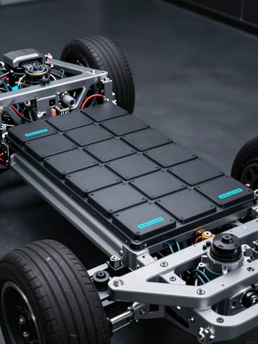 Macro technical shot of an exposed electric vehicle chassis showing the battery pack layout and electric motor drivetrain, high-contrast cyan accents.