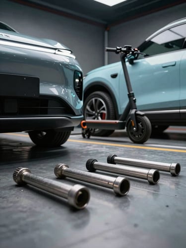 Low-angle shot of a high-tech vehicle service bay, metallic tools, and an electric scooter parked next to a hybrid SUV, high-contrast dramatic lighting, cyan accents.