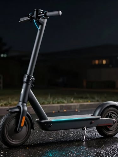 Dynamic low-angle profile of a matte black electric scooter parked on wet dark asphalt at night, illuminated by a sharp electric-cyan neon light from the side, high contrast metallic textures.