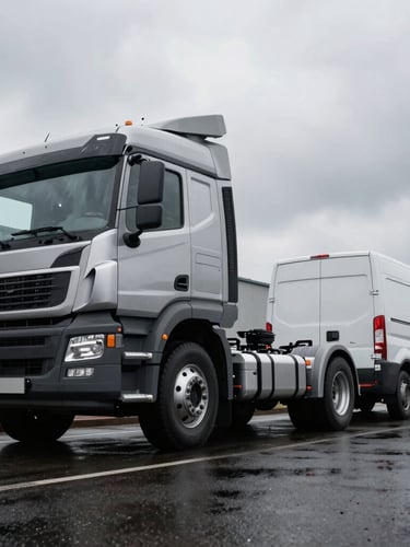 Low-angle dynamic shot of a modern heavy-duty electric commercial truck and a delivery van parked side-by-side on wet asphalt, high-contrast studio lighting highlighting metallic contours and battery chassis, overcast sky, industrial setting.