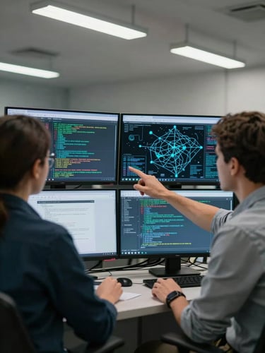 Medium shot of two SOC analysts seated at adjacent workstations, both focused on dual-monitor setups displaying scrolling log data and network topology maps, fluorescent overhead lighting, cool institutional environment, one analyst pointing at a screen mid-decision, no eye contact with camera