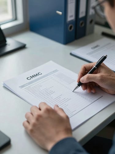 Close-up of hands reviewing printed CMMC compliance documentation at a workstation, pen marking a checklist line, fluorescent office lighting, cool daylight from a window at left edge, audit binders visible in background