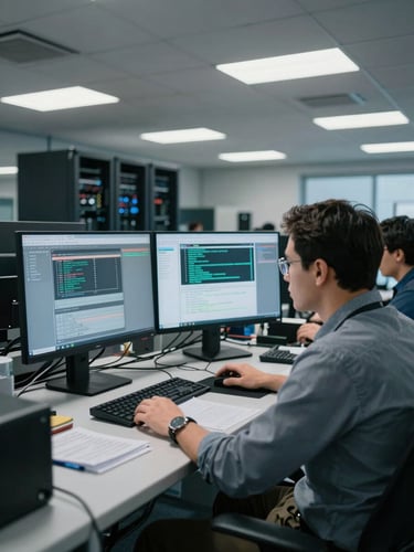 Wide environmental shot of a SOC operations floor, two analysts seated at dual-monitor workstations reviewing live log streams under cool fluorescent overhead lighting, server rack visible in the background, medium shot framing people mid-decision