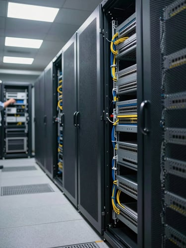 Wide shot of a dense server rack corridor under cool fluorescent overhead lighting, cable bundles and patch panels filling the frame left to right, a technician's hand mid-reach toward a network switch in the right third, no faces visible
