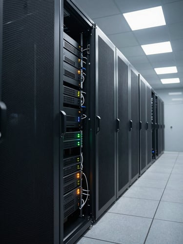 Wide shot of a server room corridor, rack-mounted equipment with blinking status LEDs, overhead fluorescent lighting casting cool shadows on brushed metal chassis, cable management visible, no personnel, institutional and precise framing