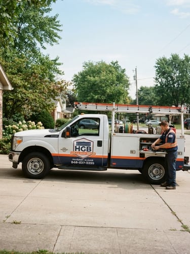 Documentary-style service photography of a clean HGB Garage Door service truck parked on a residential driveway in Mahomet, Illinois, bright morning daylight, sharp focus, 35mm.