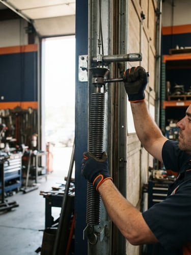 Close-up of a technician's hands replacing a heavy-duty torsion spring in a garage, bright natural daylight, sharp focus, industrial navy and orange tones.