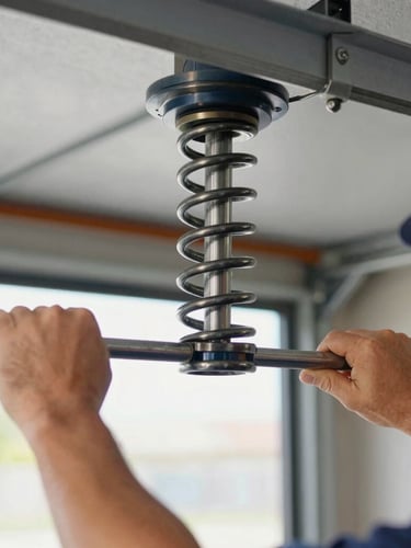 Close-up documentary-style shot of a technician's hands using a winding bar to tension a heavy-duty steel garage door torsion spring, clear overhead garage lighting, 35mm.