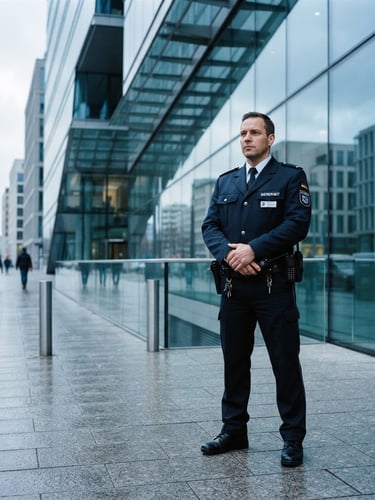 Dramatic corporate photography of a professional security guard in a clean midnight blue uniform standing alert outside a modern glass corporate building in Berlin-Mitte, cool blue overcast daylight, sharp focus, 35mm