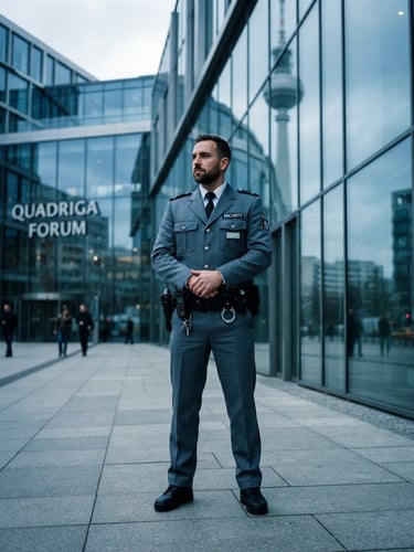 Dramatic corporate photography of a professional security officer in a clean slate-grey uniform standing alert outside a modern glass office building in Berlin-Mitte, overcast daylight, cool blue tones