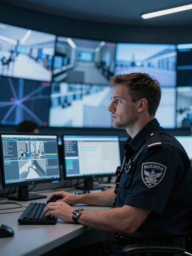 Medium-long shot of an alert professional security officer monitoring high-tech surveillance screens in a modern Berlin control room, cool blue tones, sharp focus.