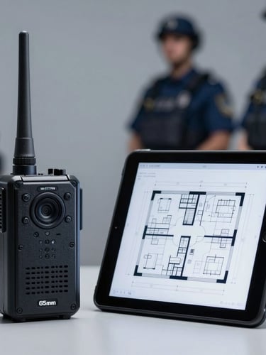 Close-up of a high-end security communication device and tactical tablet displaying architectural floor plans, clean slate grey background, sharp focus, 35mm
