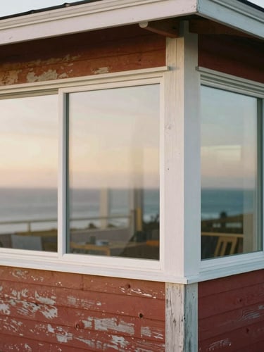 Close-up architectural detail of a modern coastal home with weathered redwood siding and large glass windows reflecting golden hour ocean light, shallow depth of field.