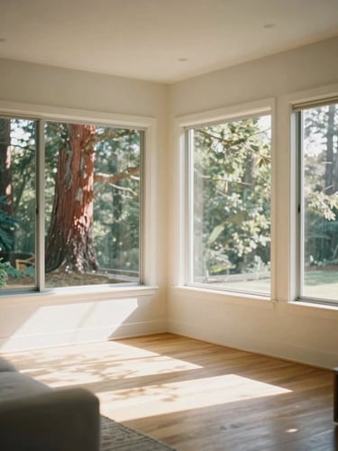 A bright, modern California living room with large steel-frame windows overlooking redwood trees, warm sunlight casting long shadows on oak floors