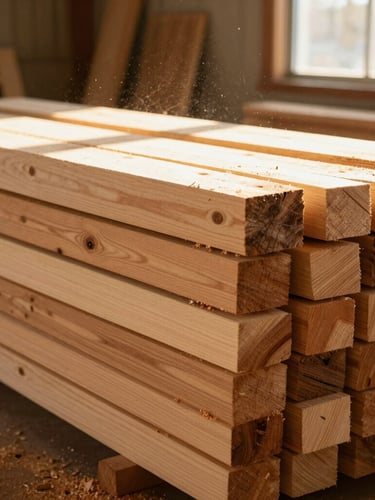 Raw redwood lumber stacked neatly in a sunlit workshop, sawdust floating in the air, warm golden-hour light streaming through a window