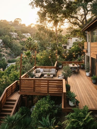 Wide-angle architectural shot of a completed cedar deck nestled in a hilly Silver Lake backyard, warm golden-hour California sun filtering through trees, rich natural wood tones, 35mm