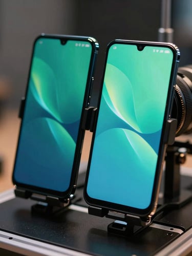 Close-up of physical Android flagship phones mounted on a developer testing rig, glowing screens displaying fluid UI transitions with teal and green reflections