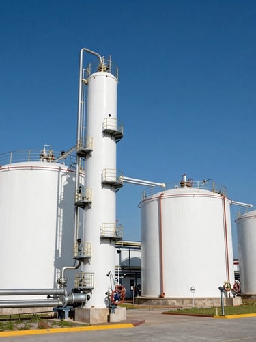 Wide-angle crisp daylight shot of a modern chemical storage facility with clean white industrial tanks, steel pipelines, and blue sky, professional 35mm