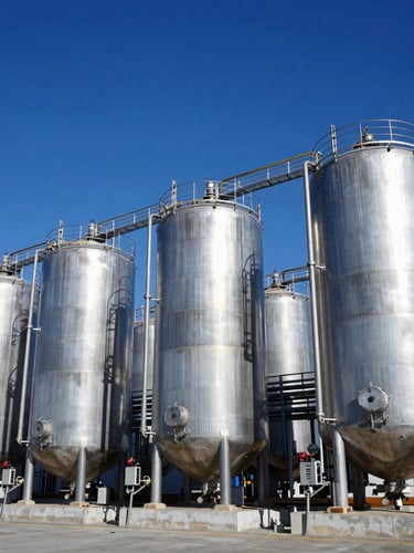 Wide-angle industrial chemical storage facility, modern steel tanks, clean blue sky, high-contrast professional 35mm photography