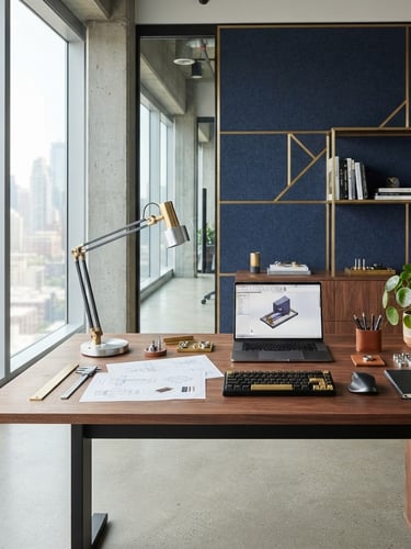 Professional workspace, modern industrial equipment on a desk, sharp focus, bright natural daylight, deep navy and warm gold accents, architectural framing, no people, wide shot