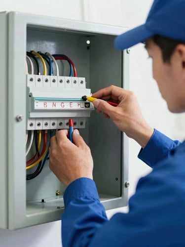 Close-up of a professional electrician in a clean blue uniform wiring a modern electrical panel, bright natural daylight, crisp details, 35mm lens