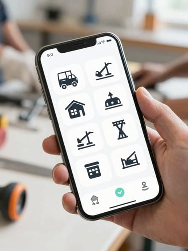 A clean modern smartphone displaying a sleek mobile app interface with construction icons, held by a hand in a bright, sunlit workshop with tools blurred in the background, 35mm lens