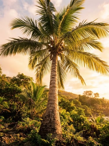 Low-angle environmental shot of a mature King Palm tree with vibrant green fronds swaying against a bright Caribbean golden-hour sky, warm sun-dappled lighting.