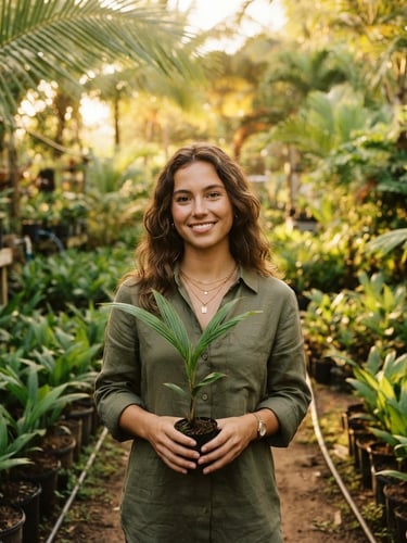 Environmental eye-level portrait of a young 20-year-old female CEO standing in a lush palm nursery, warm golden-hour tropical sunlight, holding a small palm seedling, rich green fronds in soft focus background