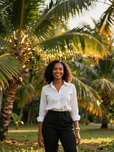 Environmental portrait of a young female Caribbean CEO standing proudly in a lush palm grove, smiling, warm golden sunlight filtering through fronds.