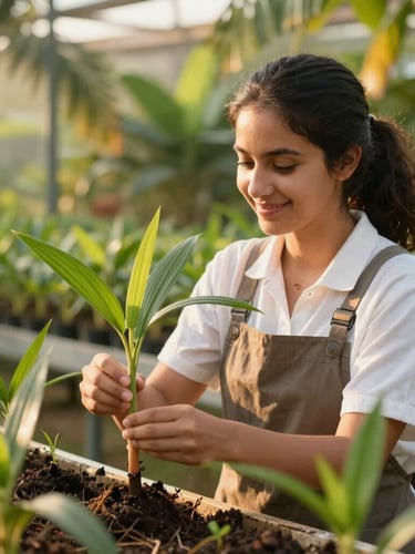 A portrait of a young female horticulturist smiling gently while inspecting healthy green palm seedlings in a sun-dappled nursery, warm golden lighting, shallow depth of field.