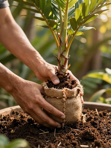 Close-up of hands wrapping a palm root ball in natural burlap, warm tropical daylight, rich dark organic soil, shallow depth of field
