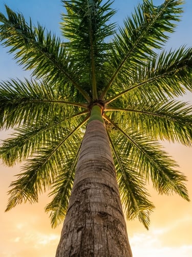 Low-angle shot of a majestic mature palm tree against a bright tropical sky, golden hour light highlighting the rich green fronds and textured trunk.