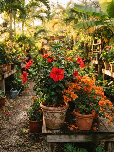 Warm environmental portrait of vibrant red hibiscus and orange bougainvillea growing in terracotta pots at a sun-dappled Caribbean nursery, golden-hour light.