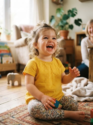 A joyful toddler in a bright yellow handmade shirt laughing, warm natural sunlight, soft shadows, cozy domestic setting.