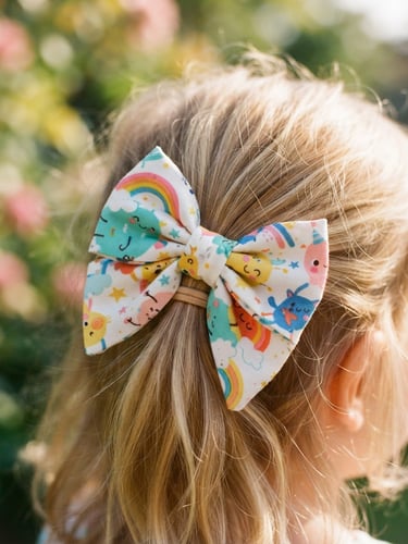 A close-up of a colorful handmade hair bow in a child's hair, warm natural sunlight, soft shadows, 35mm photography