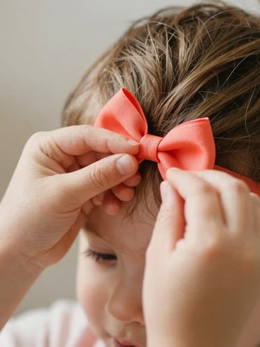 Close-up of a child's hands tying a vibrant coral hair bow, soft focus on the cotton texture, warm natural daylight.