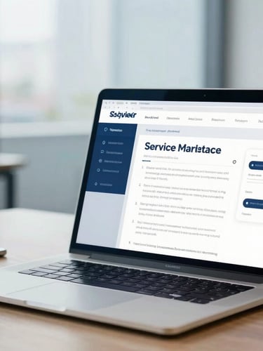 Modern corporate photography, bright natural office light, a laptop displaying a clean service marketplace interface on a wooden desk, cool blue tones, sharp focus, editorial