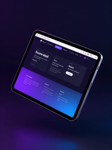 Sleek 3D render of a dark-mode website interface floating on a tablet mockup, neon purple and electric blue ambient lighting, high-tech minimalist style, crisp details