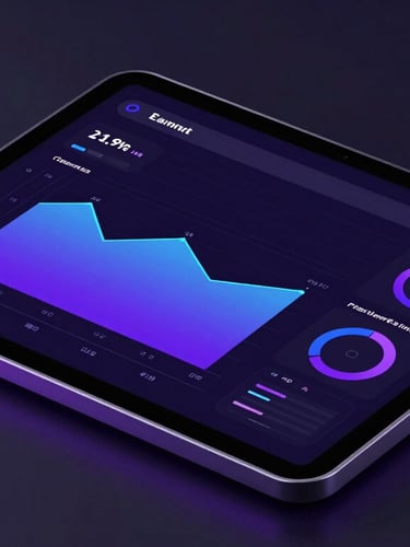 Sleek 3D render of a futuristic dark-mode tablet interface displaying analytics, neon purple and electric blue ambient lighting, high-tech minimalist style, isometric view