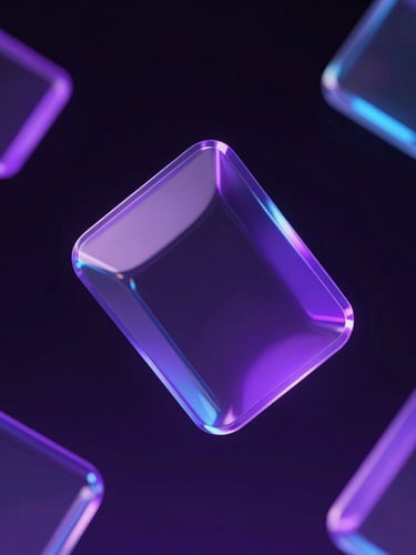 Sleek 3D render of abstract glassmorphic geometric shapes floating in a dark space, neon purple and electric blue ambient lighting, high-tech minimalist style, crisp details
