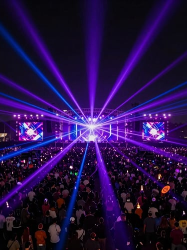 Wide-angle aerial shot of a massive, illuminated festival crowd at night, vibrant purple and blue laser beams cutting through the dark, high-contrast concert lighting, ultra-polished cinematic feel