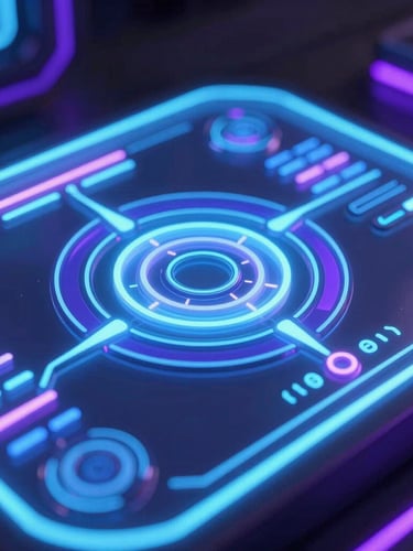 A macro close-up of a state-of-the-art holographic control interface, glowing neon blue and purple light leaks, dark obsidian background, ultra-polished 3D render