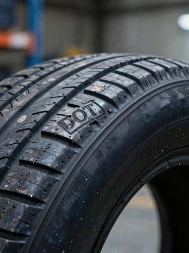 Macro-style detail shot showing a clear DOT stamp on a clean tire sidewall, sharp focus, industrial lighting.