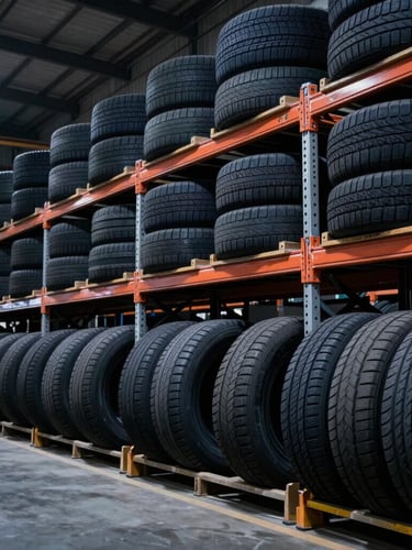 Wide-angle environmental warehouse shot, dramatic industrial lighting, high-volume racks stacked with tires, 35mm lens