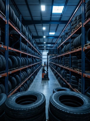Wide-angle industrial commercial photography of high-volume warehouse racks stacked with heavy-duty truck tires, dramatic steel-blue lighting, sharp technical focus.