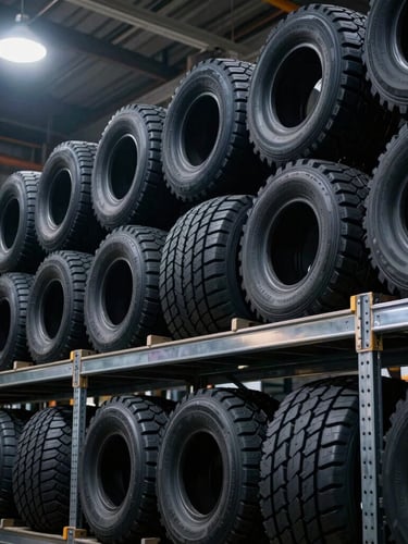 Crisp industrial photography of high-volume warehouse racks stacked high with heavy-duty commercial truck tires, dramatic overhead warehouse lighting, steel tones.