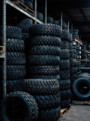 Industrial commercial photography, dramatic warehouse lighting, high contrast stacked tire tread patterns, 35mm lens